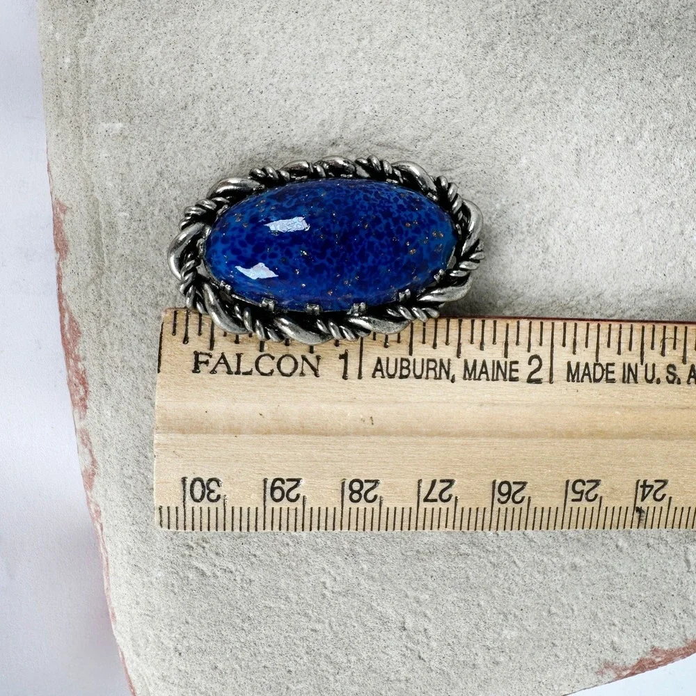 Vintage Western Germany Goldstone Blue Brooch Oval Cabochon‎ Rope Twist
